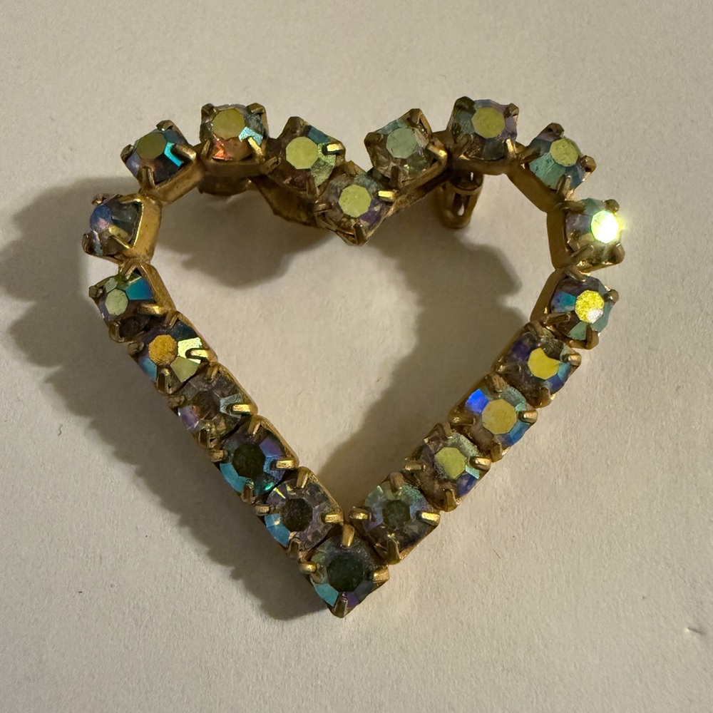 Vintage Goldtone Heart Shaped Brooch Aurora Borealis Rhinestones